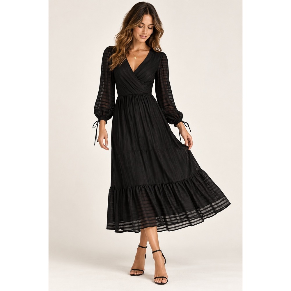 Designers Remix Corinne Dress Black Pleated Wrap Midi Sheer Sleeve NWT Size 34